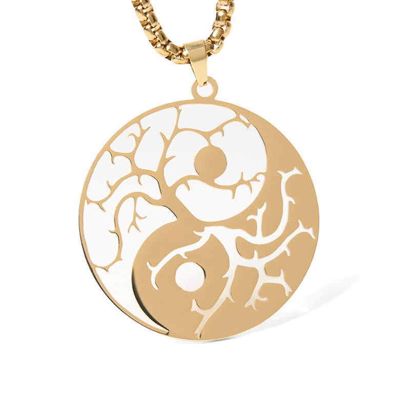 Yin Yang Branches Necklace – Gold pendant on white background, tree of life necklace