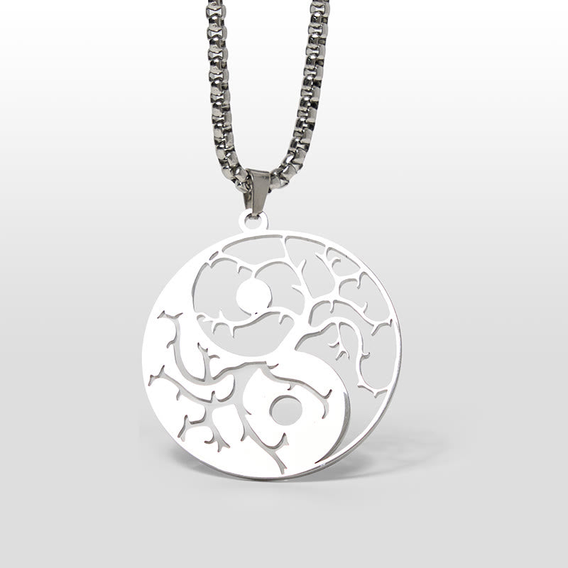 Yin Yang Branches Necklace – Silver pendant on white background, yin yang necklace