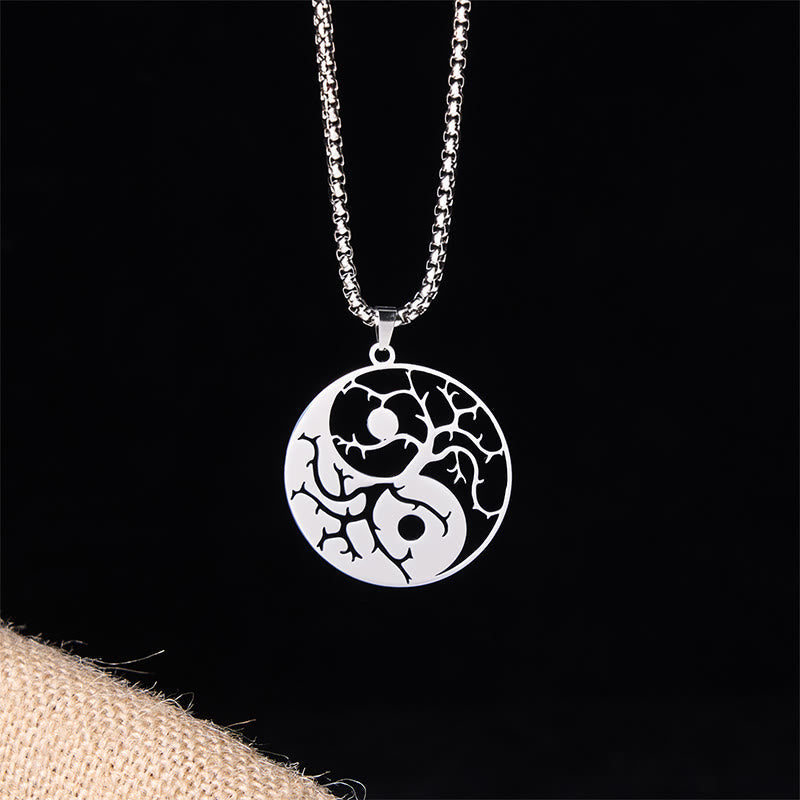Yin Yang Branches Necklace – Silver pendant on black background, balance necklace