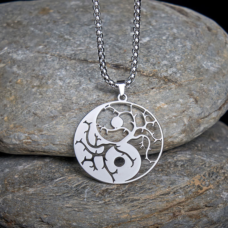 Yin Yang Branches Necklace – Silver pendant on gray river stones, tree of life pendant