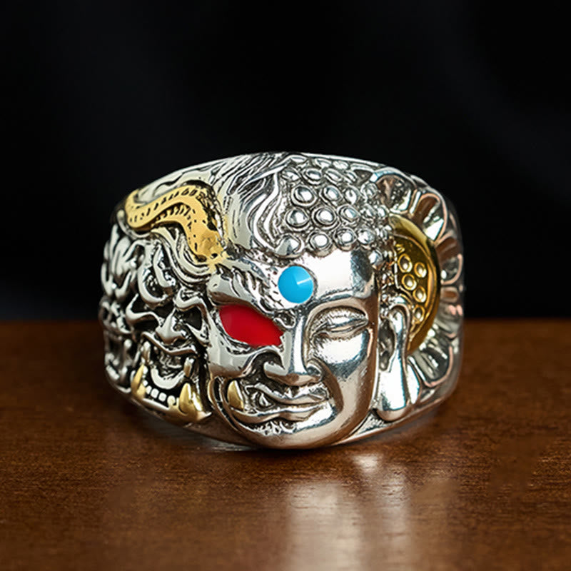 Half Demon Half Buddha Lotus Copper Ring – front closeup on wood, silver gold dual face, bold statement