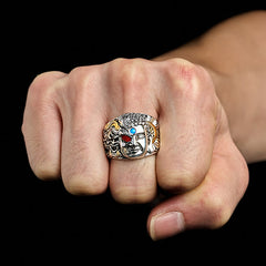 Half Demon Half Buddha Lotus Copper Ring – model wear on fist, black studio background, powerful style