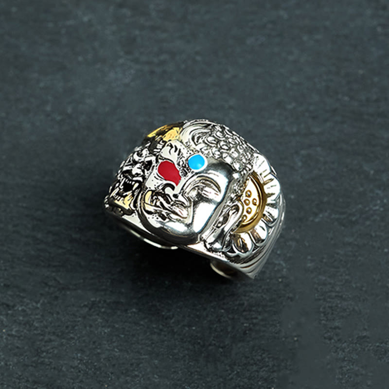 Half Demon Half Buddha Lotus Copper Ring – side profile detail with carved lotus band texture, copper finish