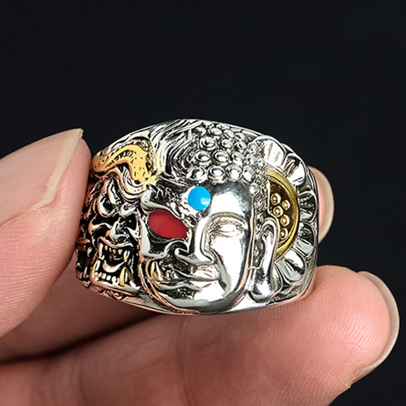 Half Demon Half Buddha Lotus Copper Ring – hand held closeup with demon Buddha detail, red turquoise gems