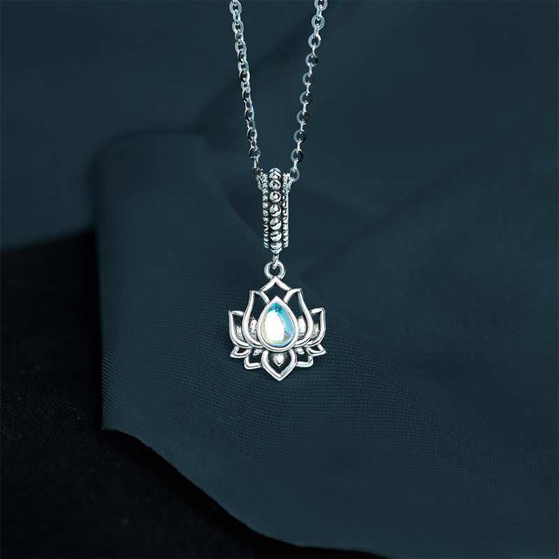 Sterling silver lotus flower pendant necklace with iridescent moonstone center, spiritual yoga jewelry
