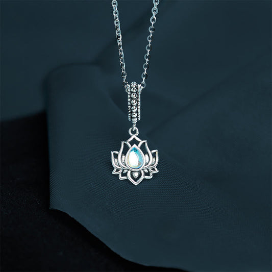 Sterling silver lotus flower pendant necklace with iridescent moonstone center, spiritual yoga jewelry
