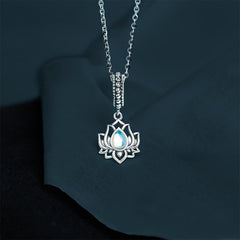 Sterling silver lotus flower pendant necklace with iridescent moonstone center, spiritual yoga jewelry