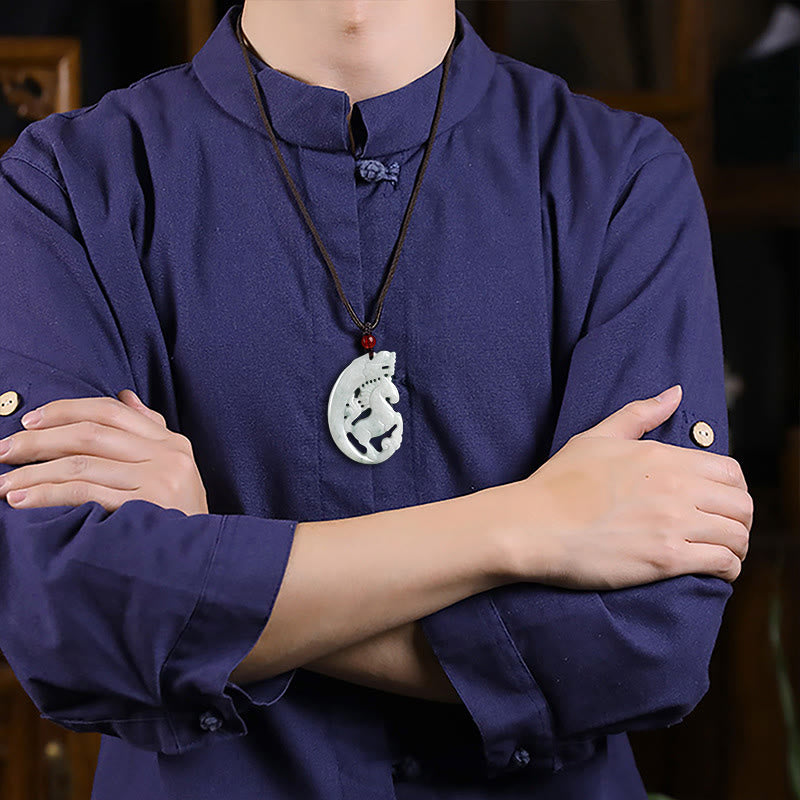 Year of the Horse Dragon Jade Pendant – worn on model with red bead spacer and dark woven rope, Fortune