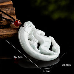 Year of the Horse Dragon Jade Pendant – carved jade disc with dragon motif on braided cord, Prosperity