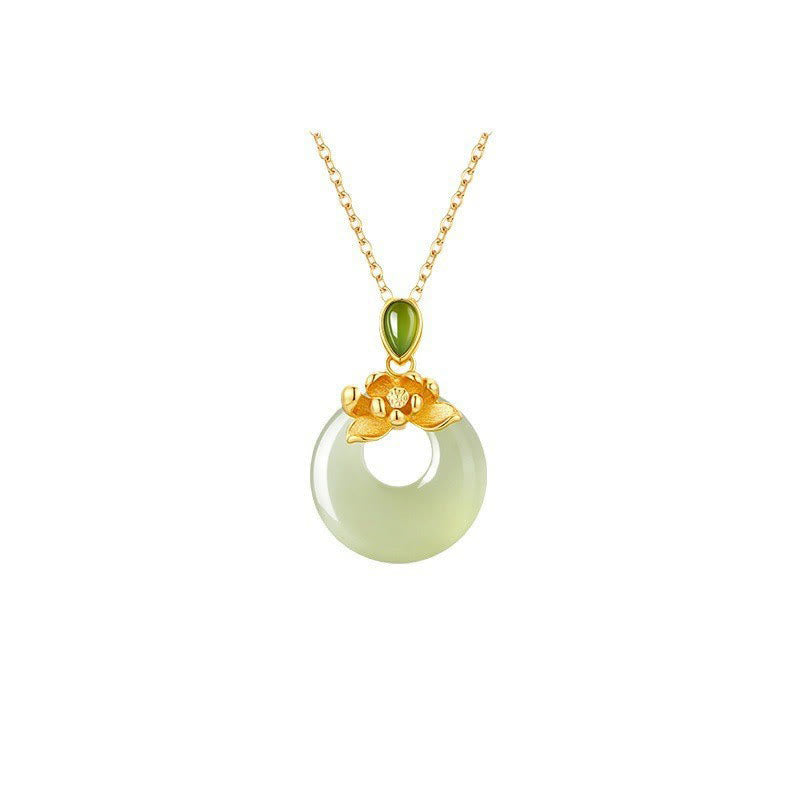 Hetian Jade Lotus Peace Buckle Necklace - silver material features and benefits card, Protective