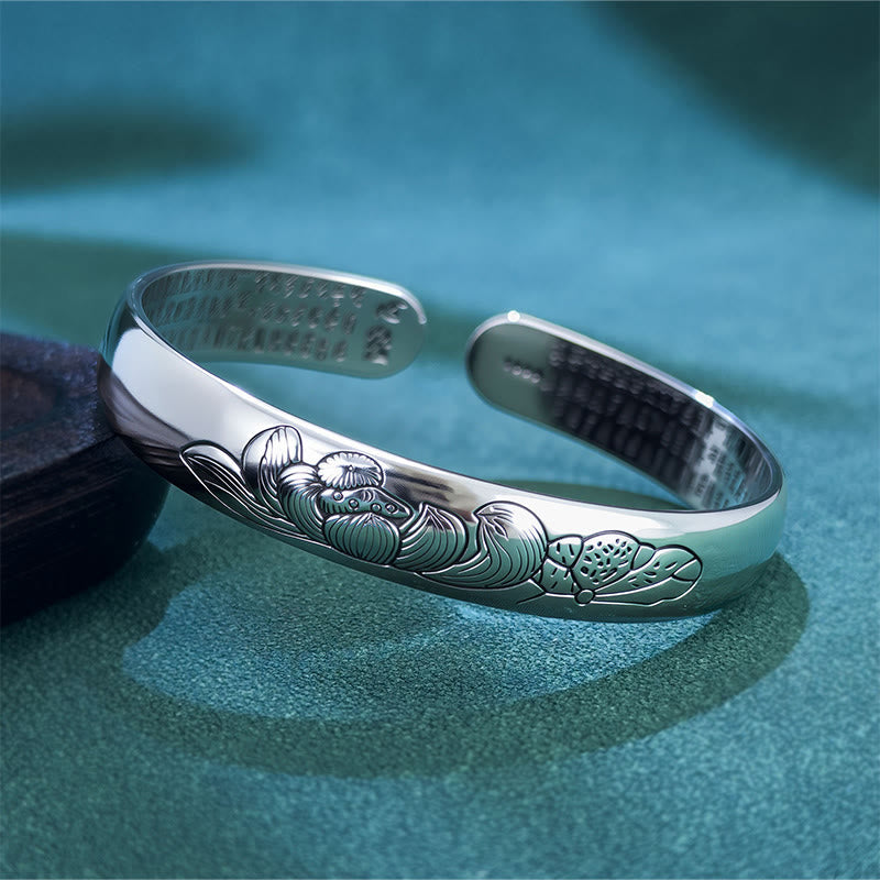 Heart Sutra Lotus Copper Bracelet - engraved lotus relief on silver cuff, artisanal, Serene