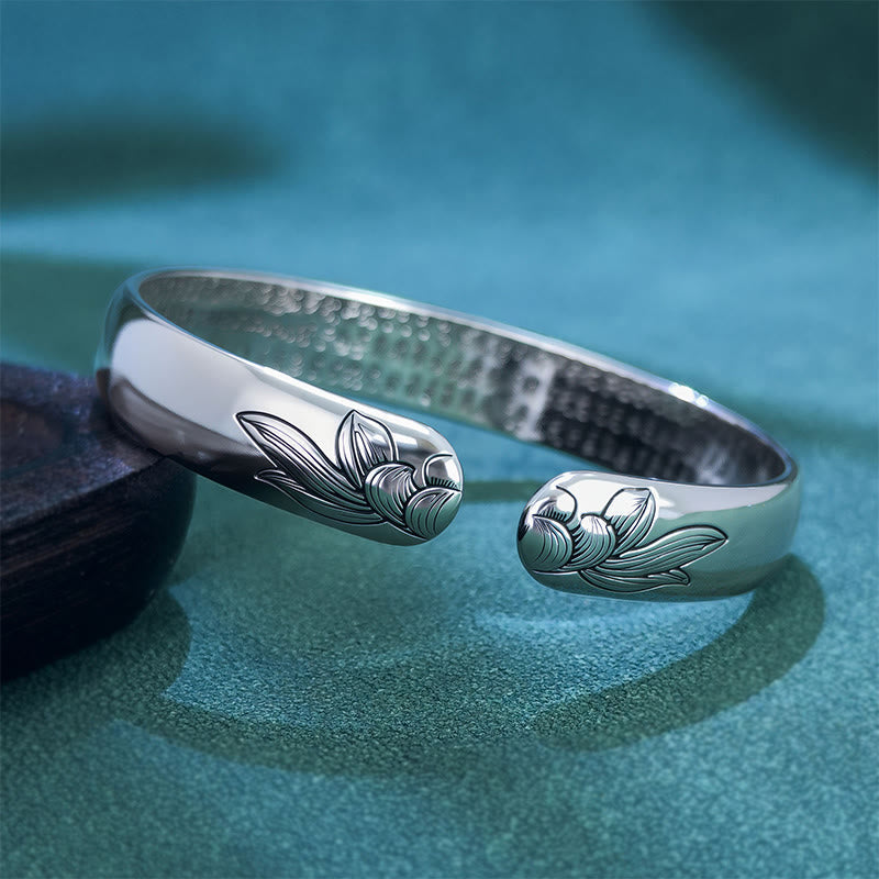 Heart Sutra Lotus Copper Bracelet - symmetrical lotus engravings on both terminals, Balanced
