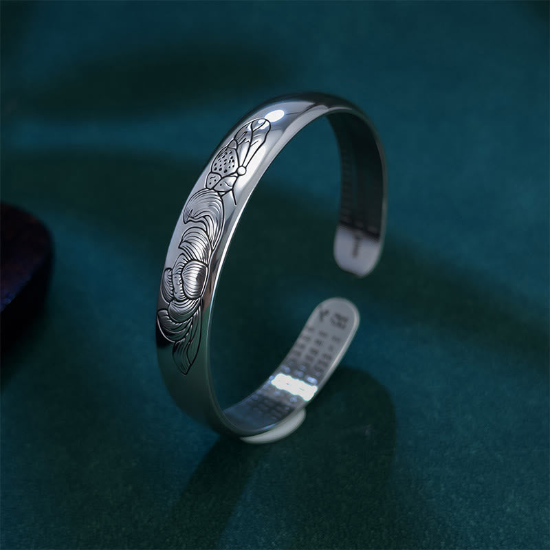 Heart Sutra Lotus Copper Bracelet - upright side view showing carved lotus and band depth, Elegant