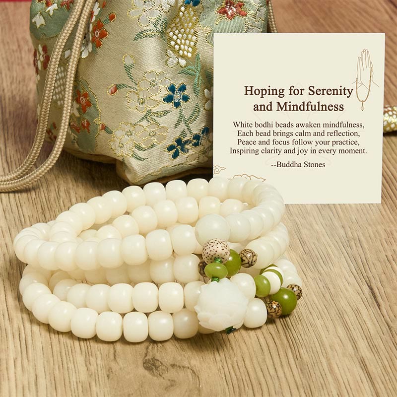 Bodhi Seed Lotus Mala - white barrel beads with olive green jade spacers, calm reflection