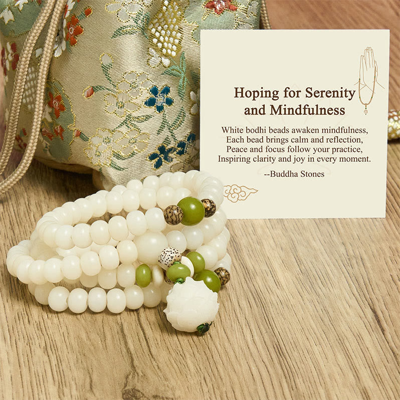 Bodhi Seed Lotus Mala - 108 ivory prayer beads with carved lotus guru bead, gift-ready set