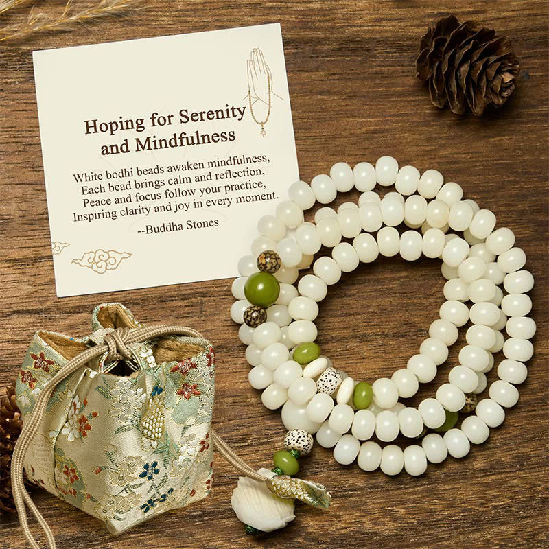 Bodhi Seed Lotus Mala - white bodhi beads with green markers and lotus tassel, silk pouch included