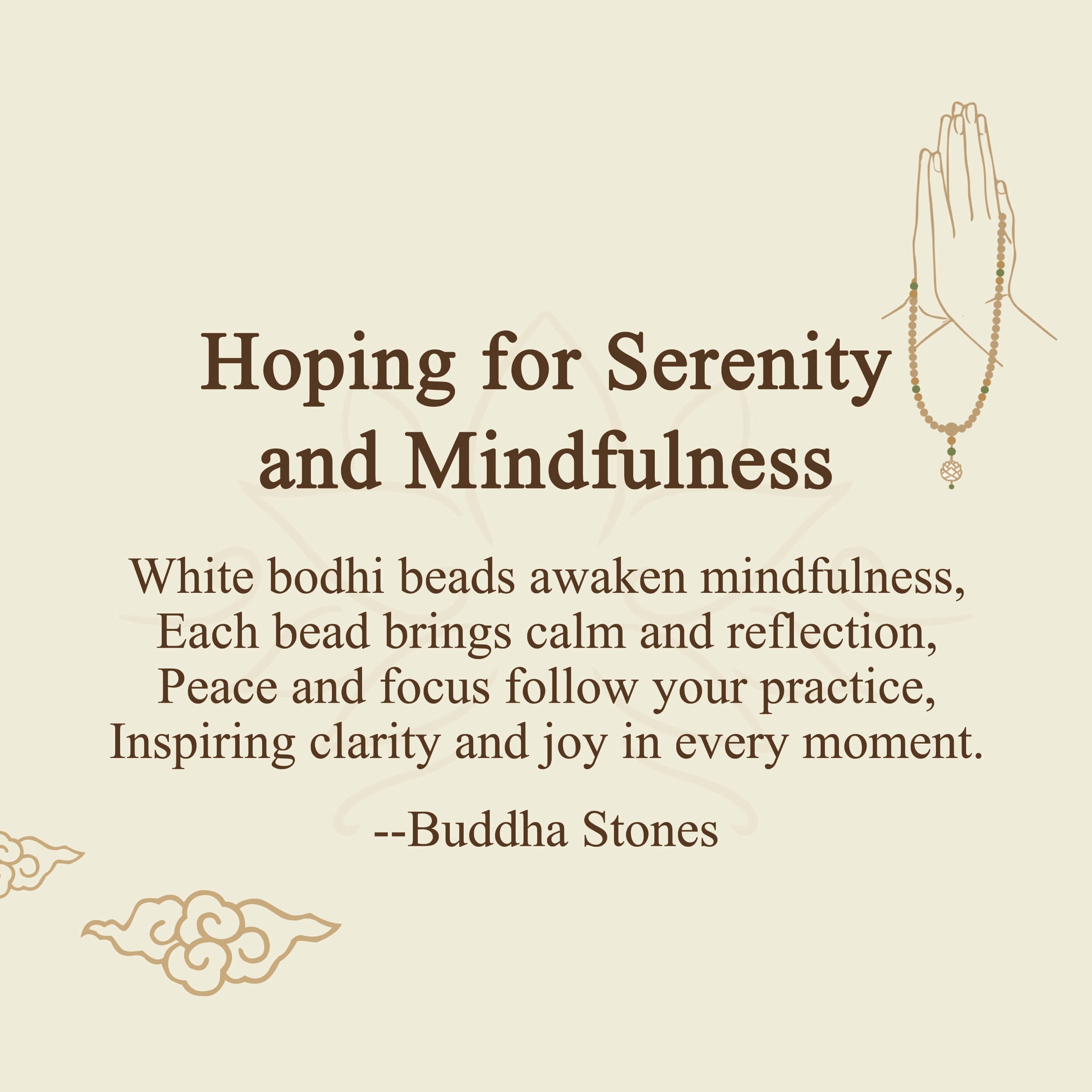 Bodhi Seed Lotus Mala - line art illustration with anjali mudra hands and lotus pendant, spiritual graphic