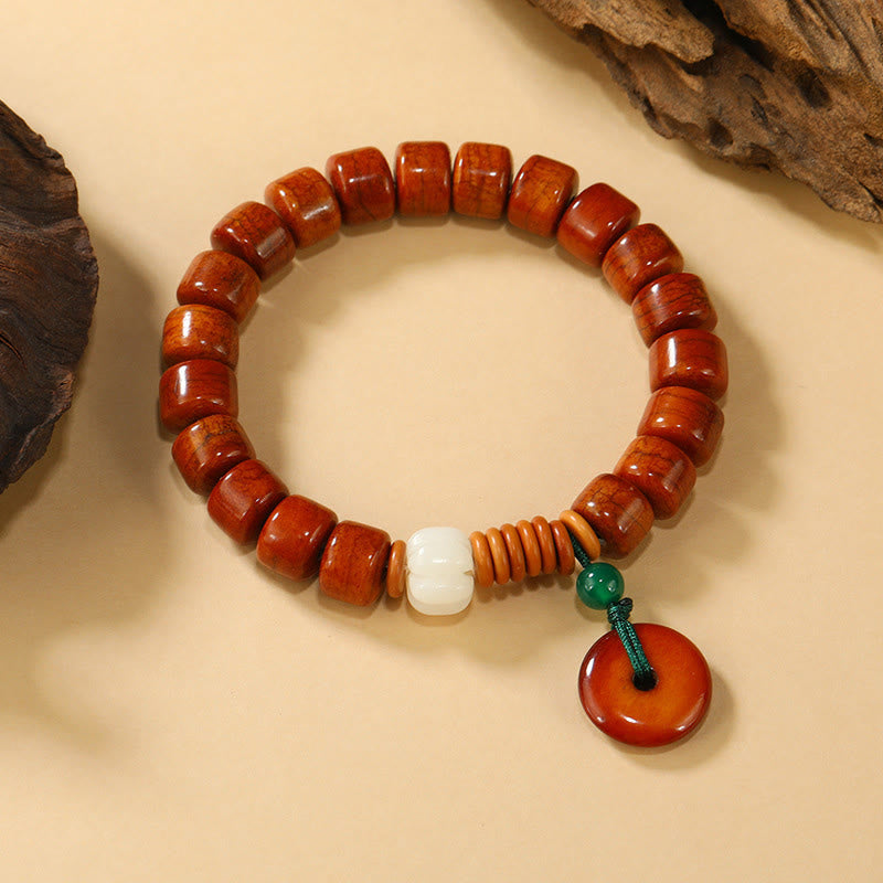 Bone Beads Lotus Peace Buckle Enlightenment Bracelet – barrel wood beads with white lotus bead and green cord, zen