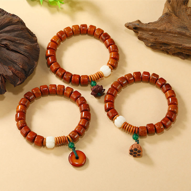 Bone Beads Lotus Peace Buckle Enlightenment Bracelet – three variants with lotus bud, disc, and seed pod pendants, enlightened
