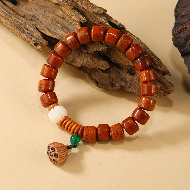 Bone Beads Lotus Peace Buckle Enlightenment Bracelet – close-up of carved wood beads with lotus pod charm, spiritual