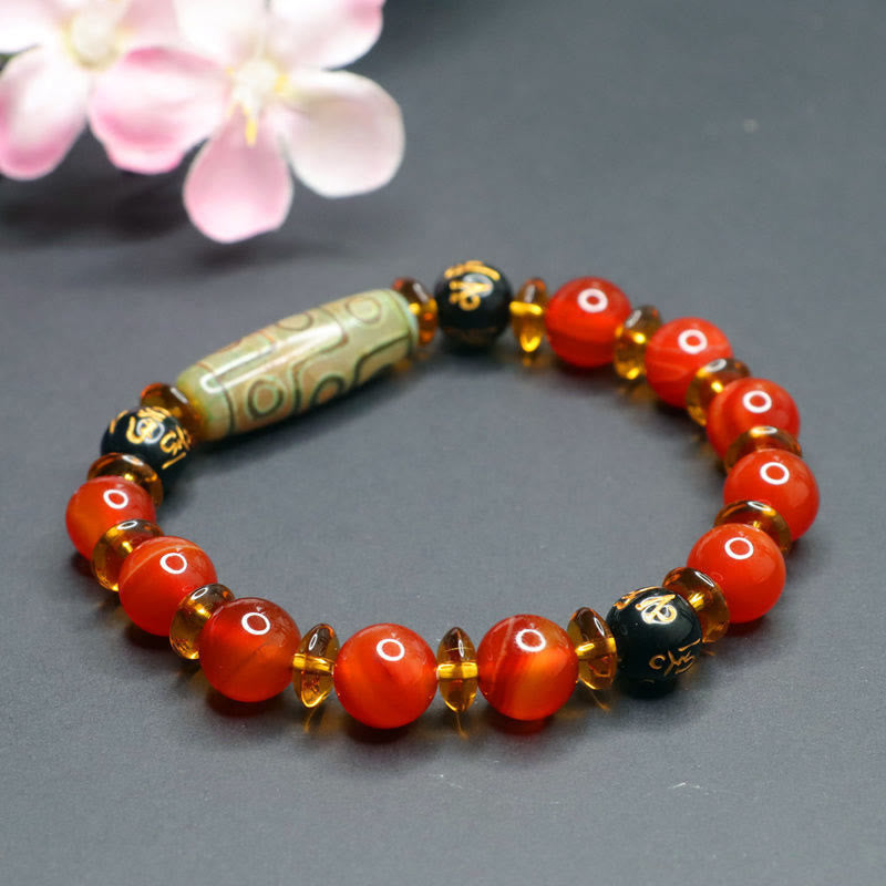 Red Agate Nine-Eye Dzi Bead Bracelet – cherry blossom, glossy carnelian with greenish dzi center bead, dzi bead