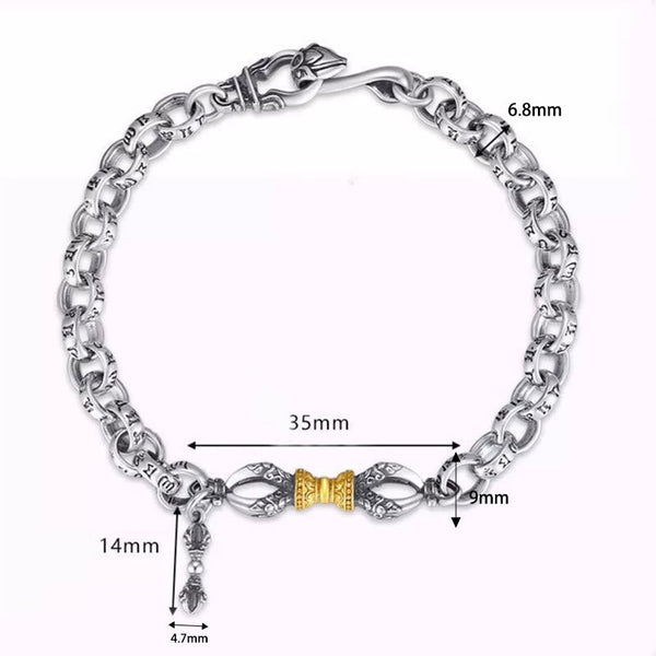 Copper Vajra Om Mani Padme Hum Bracelet – flat lay with size annotations showing vajra pendant and link dimensions