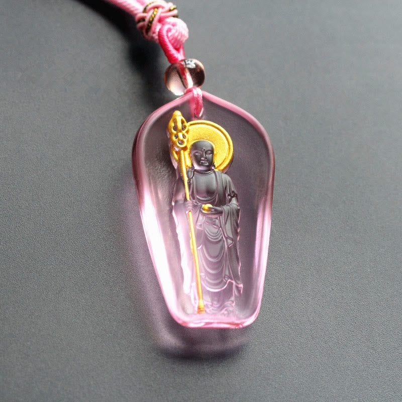 Tibetan Liuli Crystal Ksitigarbha Necklace – pink pendant with pink cord knot, soft feminine detail