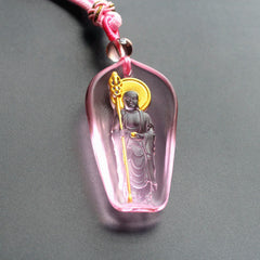 Tibetan Liuli Crystal Ksitigarbha Necklace – pink pendant with pink cord knot, soft feminine detail