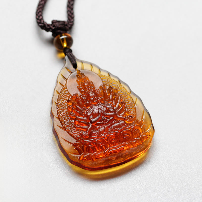 Liuli Crystal Chinese Zodiac Natal Buddha Protection Leaf Necklace – amber liuli leaf pendant with multi-arm Buddha, front
