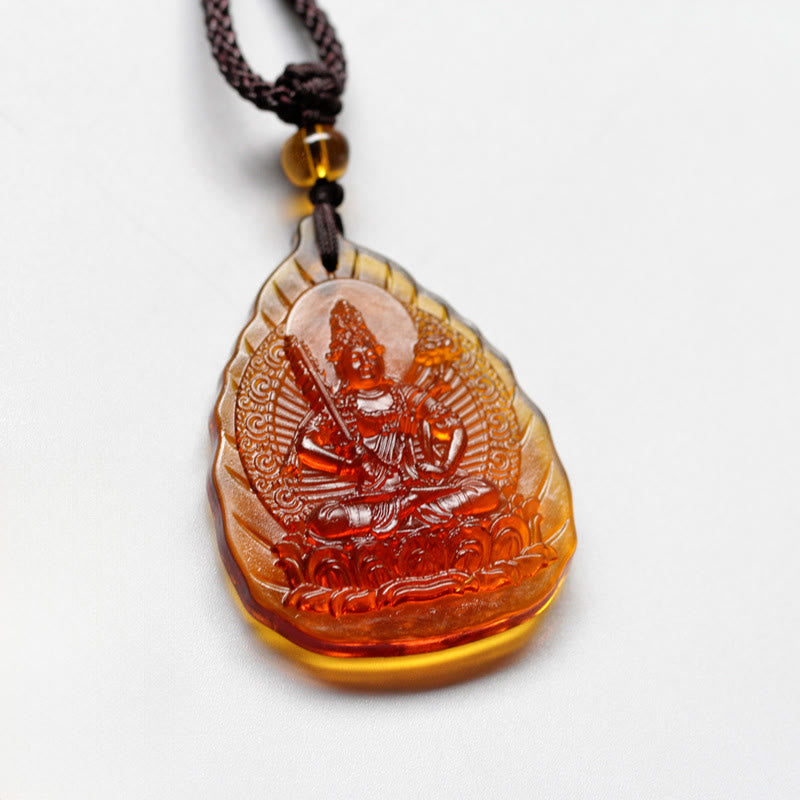 Liuli Crystal Chinese Zodiac Natal Buddha Protection Leaf Necklace – amber liuli leaf pendant Buddha holding sword, front