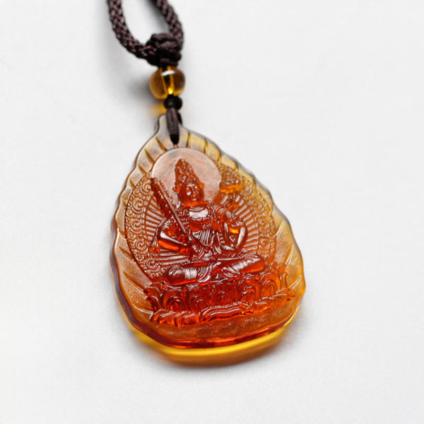 Liuli Crystal Chinese Zodiac Natal Buddha Protection Leaf Necklace – amber liuli leaf pendant Buddha holding sword, front