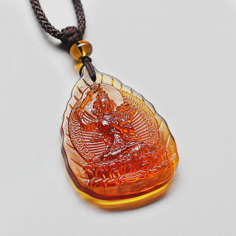 Liuli Crystal Chinese Zodiac Natal Buddha Protection Leaf Necklace – amber liuli leaf pendant Buddha holding lotus, front