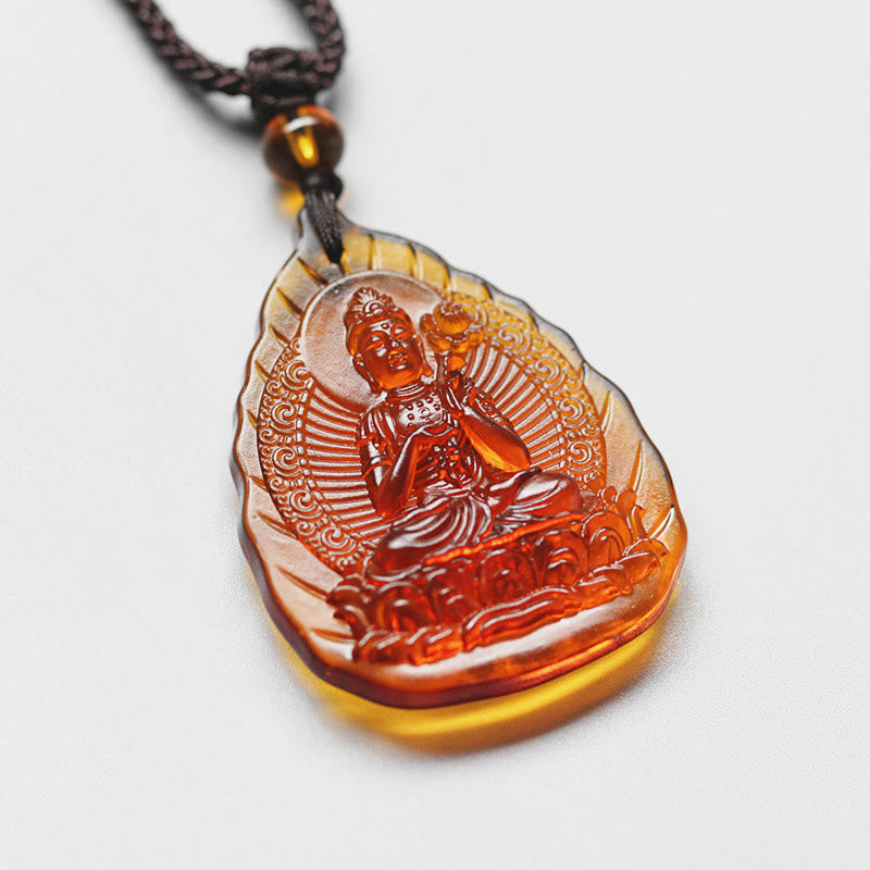 Liuli Crystal Chinese Zodiac Natal Buddha Protection Leaf Necklace – amber liuli leaf pendant Buddha in prayer, front