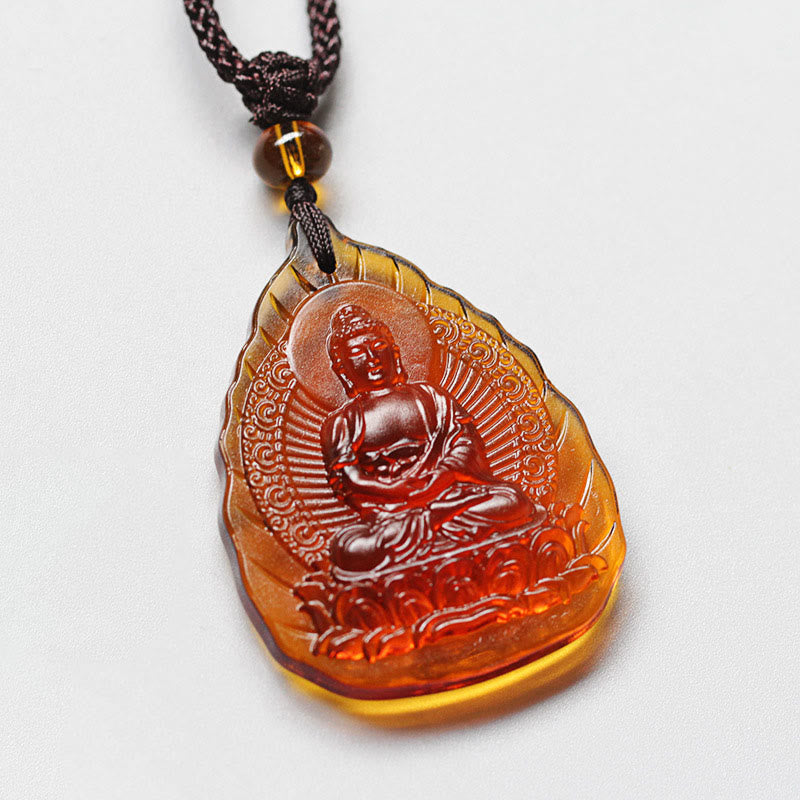 Liuli Crystal Chinese Zodiac Natal Buddha Protection Leaf Necklace – amber liuli leaf pendant meditating Buddha, front