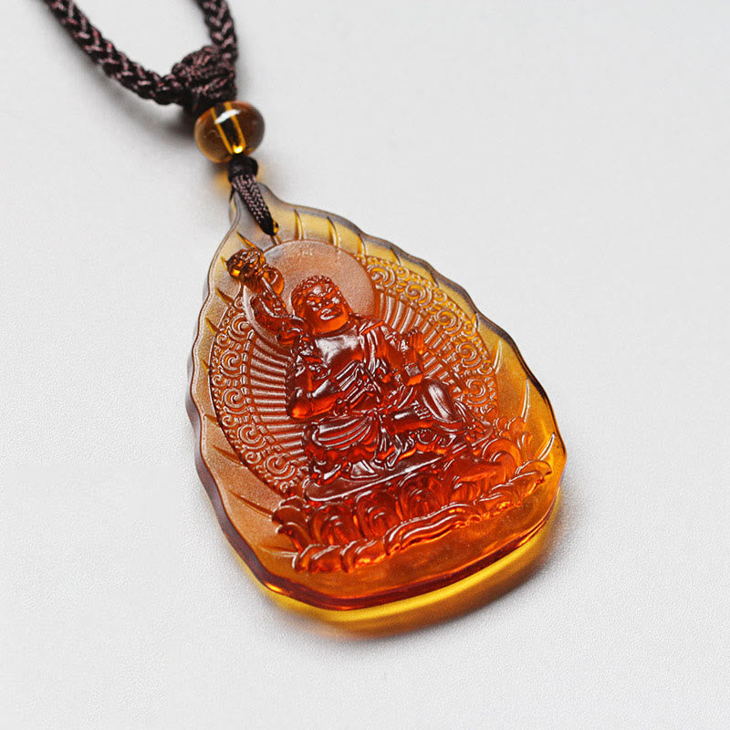 Liuli Crystal Chinese Zodiac Natal Buddha Protection Leaf Necklace – amber liuli leaf pendant Buddha with vajra, front