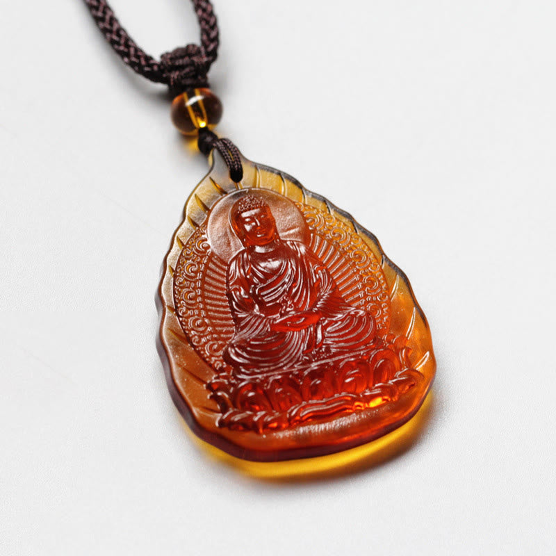 Liuli Crystal Chinese Zodiac Natal Buddha Protection Leaf Necklace – amber liuli leaf pendant Buddha holding bowl, front