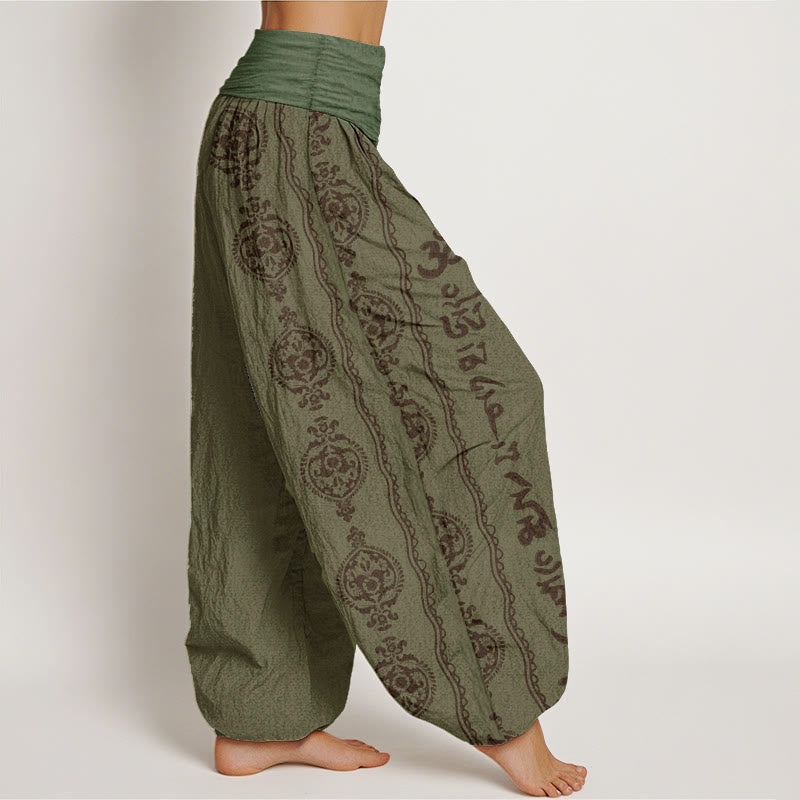 Cotton Mandala Om Harem Pants – olive green showing smocked waistband and medallion side panel, loose yoga pants
