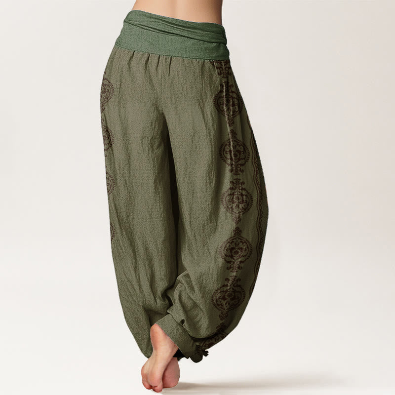 Cotton Mandala Om Harem Pants – olive green side profile with gathered ankle cuffs and ornate border print, genie pants