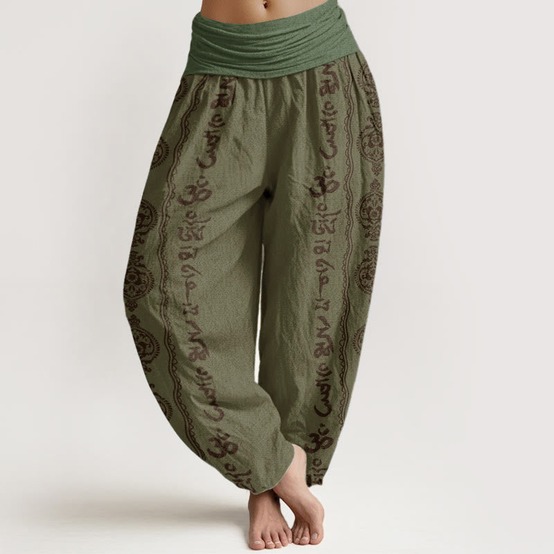 Cotton Mandala Om Harem Pants – olive green with brown Om symbol print, 3/4 model view, ethnic harem pants