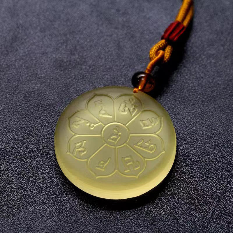Liuli Crystal Wealth God Mantra Abundance Eight-Petal Necklace – clear liuli eight-petal mantra pendant with cord, front view