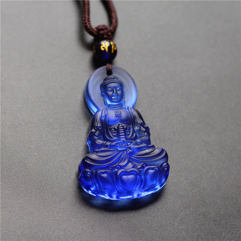 Liuli Crystal Medicine Buddha Serenity Necklace – blue Medicine Buddha pendant, angled, studio