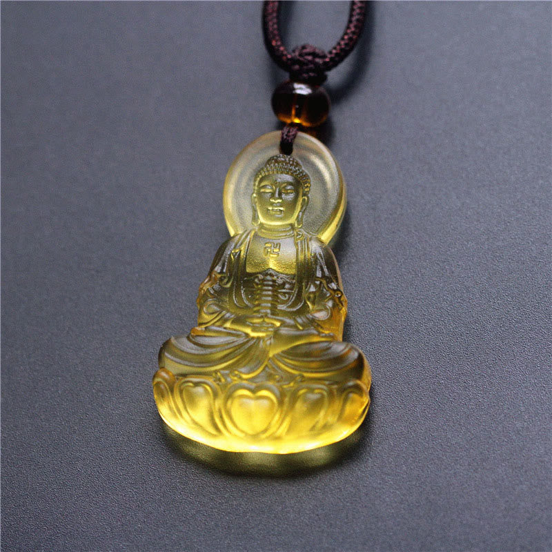 Liuli Crystal Medicine Buddha Serenity Necklace – yellow Medicine Buddha pendant, studio, front-view