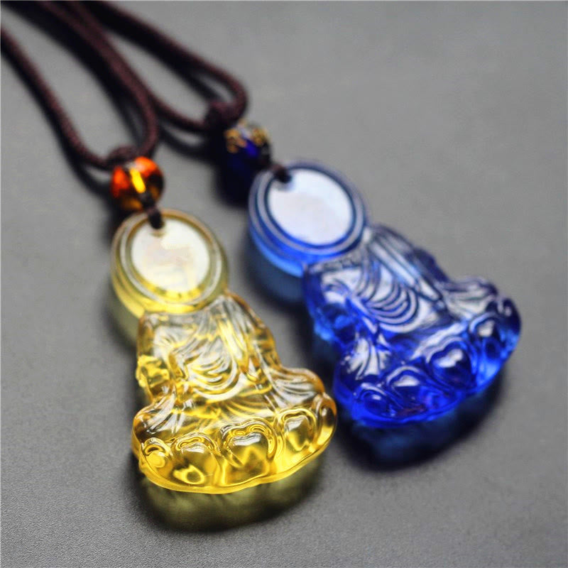 Liuli Crystal Medicine Buddha Serenity Necklace – yellow and blue pendant pair back view, carved detail, back