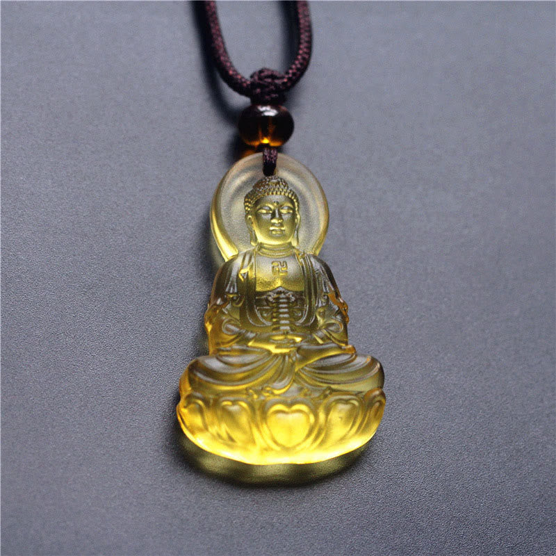 Liuli Crystal Medicine Buddha Serenity Necklace – yellow Medicine Buddha pendant angled, studio