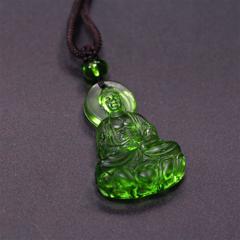 Liuli Crystal Medicine Buddha Serenity Necklace – green Medicine Buddha pendant, studio, front-view