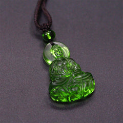 Liuli Crystal Medicine Buddha Serenity Necklace – green Medicine Buddha pendant, studio, front-view
