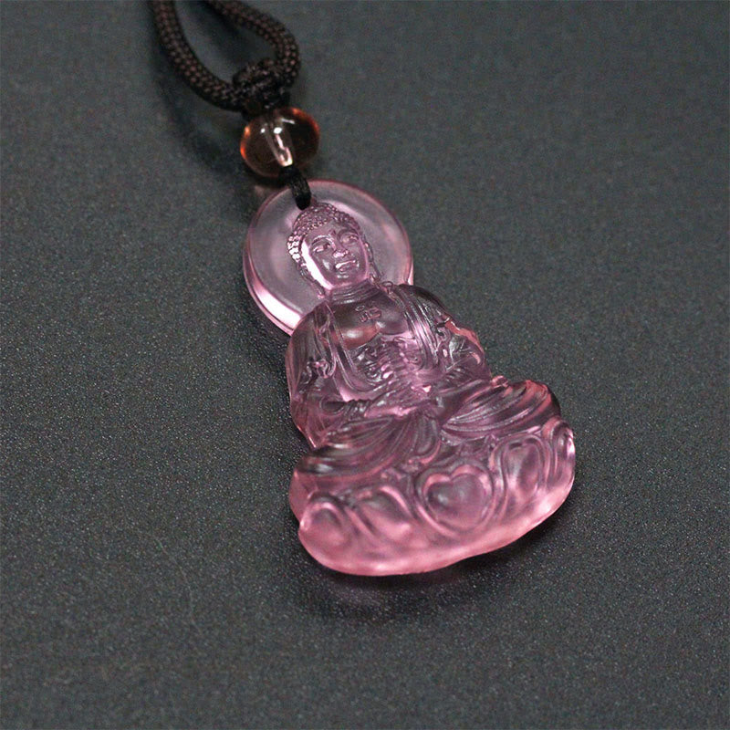 Liuli Crystal Medicine Buddha Serenity Necklace – pink Medicine Buddha pendant, studio, front-view