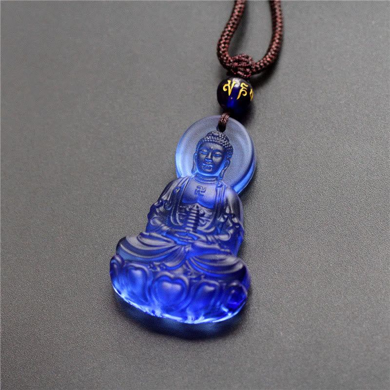 Liuli Crystal Medicine Buddha Serenity Necklace – blue Medicine Buddha pendant, studio, front-view