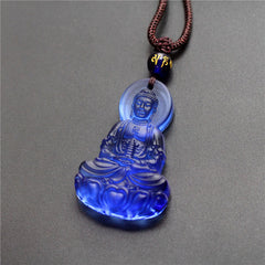 Liuli Crystal Medicine Buddha Serenity Necklace – blue Medicine Buddha pendant, studio, front-view