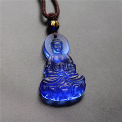 Liuli Crystal Medicine Buddha Serenity Necklace – blue Medicine Buddha pendant, angled, studio
